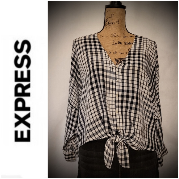 Express Tops - Express Gingham Button-Front Tied Hem Top Black & White